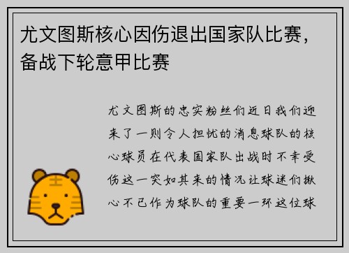尤文图斯核心因伤退出国家队比赛，备战下轮意甲比赛